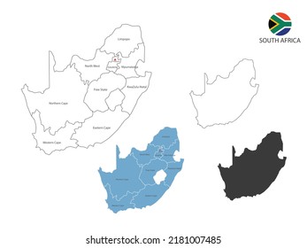 4 style of South Africa map vector illustration have all province and mark the capital city of South Africa. By thin black outline simplicity style and dark shadow style. Isolated on white background.