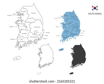 4 Stil von Südkorea Karte Vektorgrafik haben alle Provinz und kennzeichnet die Hauptstadt Südkoreas. Mit dünner schwarzer Umrisslinie schlichter Stil und dunklem Schattenstil. Einzeln auf weißem Hintergrund.