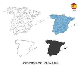 4 style of Spain map vector illustration have all province and mark the capital city of Spain. By thin black outline simplicity style and dark shadow style. Isolated on white background.