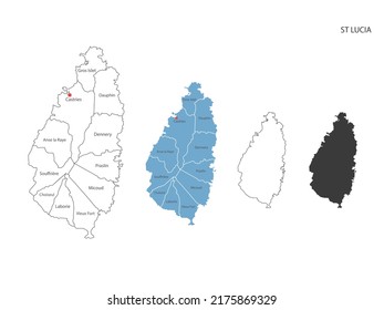 4 Stil der St Lucia Karte Vektorgrafik haben alle Provinz und markieren die Hauptstadt von St Lucia. Mit dünner schwarzer Umrisslinie schlichter Stil und dunklem Schattenstil. Einzeln auf weißem Hintergrund.