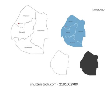 4 style of Swaziland map vector illustration have all province and mark the capital city of Swaziland. By thin black outline simplicity style and dark shadow style. Isolated on white background.