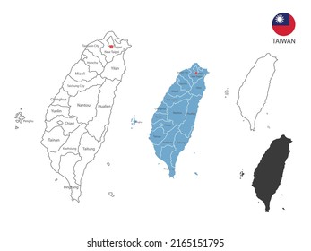 4 style of Taiwan map vector illustration have all province and mark the capital city of Taiwan. By thin black outline simplicity style and dark shadow style. Isolated on white background.
