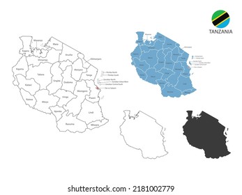 El estilo 4 de la ilustración de un vector de mapa de Tanzania tiene todas las provincias y marca la ciudad capital de Tanzania. Por el estilo de simplicidad del contorno negro delgado y el estilo de sombra oscura. Aislado sobre fondo blanco.