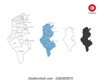 4 style of Tunisia map vector illustration have all province and mark the capital city of Tunisia. By thin black outline simplicity style and dark shadow style. Isolated on white background. svg