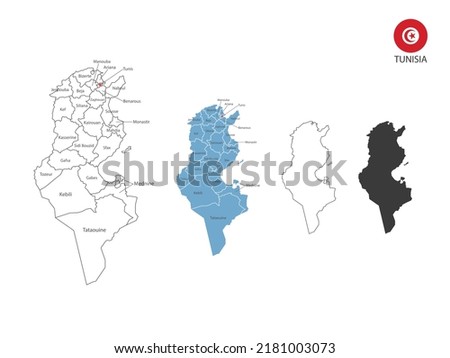 4 style of Tunisia map vector illustration have all province and mark the capital city of Tunisia. By thin black outline simplicity style and dark shadow style. Isolated on white background.