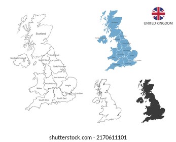 4 style of United Kingdom map vector illustration have all province and mark the capital city of United Kingdom. By thin black outline simplicity style and dark shadow style. 