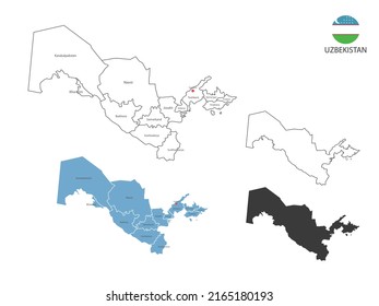 4 style of Uzbekistan map vector illustration have all province and mark the capital city of Uzbekistan. By thin black outline simplicity style and dark shadow style. Isolated on white background.