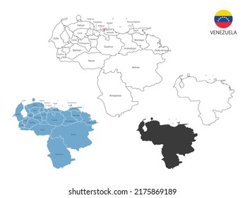 4 Stil von Venezuela Karte Vektorgrafik haben alle Provinz und kennzeichnen die Hauptstadt Venezuelas. Mit dünner schwarzer Umrisslinie schlichter Stil und dunklem Schattenstil. Einzeln auf weißem Hintergrund.