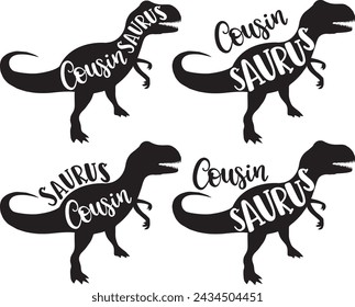 4 styles cousin saurus, family saurus, matching family, dinosaur, saurus, dinosaur family, tRex, dino, t-rex dinosaur vector illustration file svg