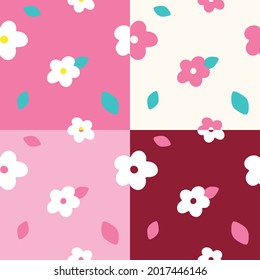 4 Styles Flat Cute Minimal Flower and Leaf Vector Pattern Design Pink White Red Background Editable Stroke. Cartoon Illustration Cloth, Picnic Mat, Fabric pattern, Textile, Tile, Scarf, Wrapping Paper