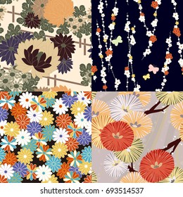 4 styles of Japanese traditional floral kimono seamless pattern. Vector illustration