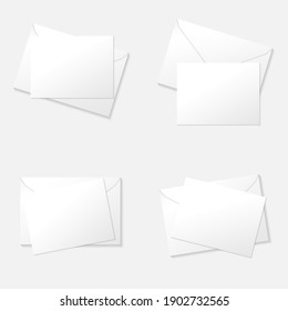 4 styles white greeting card on envelope flat lay top view mockup template. Isolated on white background with shadow. Ready to use for your design or business. Vector illustration.