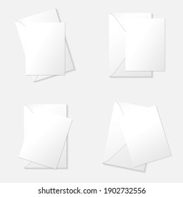 4 styles white vertical greeting card on envelope flat lay top view mockup template. Isolated on white background with shadow. Ready to use for your design or business. Vector illustration.