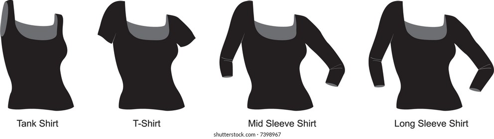 4 Styles of a woman's black shirt: tank; t-shirt; mid-length sleeve; long sleeve