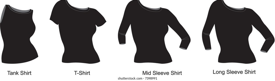 4 Styles of a woman's black shirt: tank; t-shirt; mid-length sleeve; long sleeve