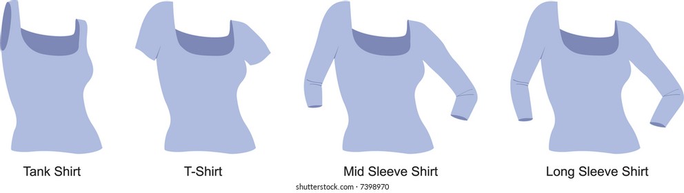 4 Styles of a woman's light blue shirt: tank; t-shirt; mid-length sleeve; long sleeve