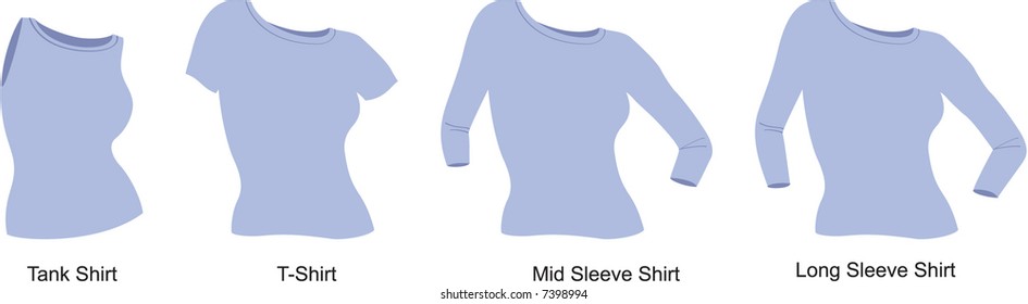 4 Styles of a woman's light blue shirt: tank; t-shirt; mid-length sleeve; long sleeve