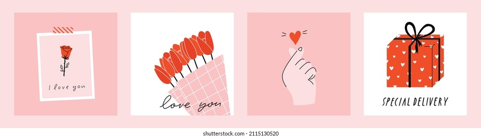 4 Stylish Valentine's day greeting card, poster illustration collection in pink and red colors. Fun and cool square greeting card design. Hand drawn doodle cartoon style concept.