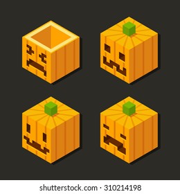 4 Stylized cubic Halloween Jack o' Lantern carved pumpkins with pixel faces.