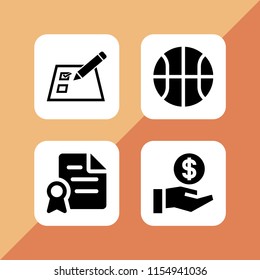 4 success icons in vector set. basketball, checklist on a paper with a pencil, contract and savings illustration for web and graphic design