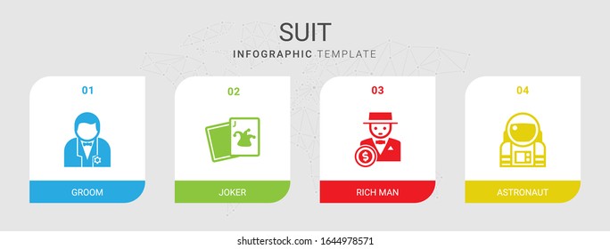 4 suit filled icons set isolated on infographic template. Icons set with groom, Joker, rich man, astronaut icons.