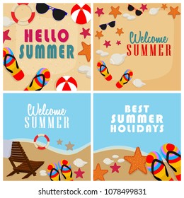 4 Summer Design Holidays in Beach Seashore. Vector Illustration