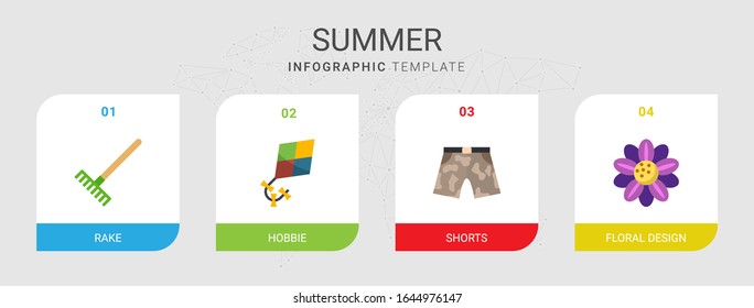 4 summer flat icons set isolated on infographic template. Icons set with Rake, Hobbie, shorts, Floral design icons.