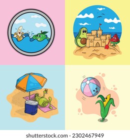 4 summer illustrations: a laughing banana swimming with a green plum in the ocean, sunbathing pear, an avocado building a sandcastle with a watermelon, and a cute corn playing with a beach balloon.