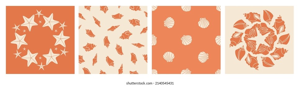 4 summer seashell frames in beige and orange, sea star compositions, bright seamless patterns.