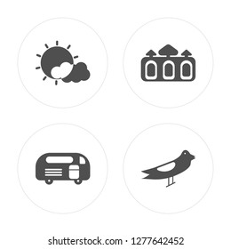 4 Sun, Caravan, Sand castle, Seagull modern icons on round shapes, vector illustration, eps10, trendy icon set.