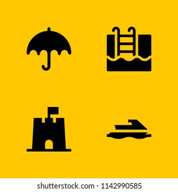 4 sun icon set with umbrella, swimming pool and sand castle vector illustration for graphic design and web