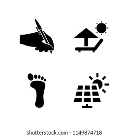 4 sun icons in vector set. parasol and deck chair under summer sun, write, solar panel and footprint illustration for web and graphic design