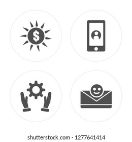 4 Sun, Settings, Smartphone, Email modern icons on round shapes, vector illustration, eps10, trendy icon set.