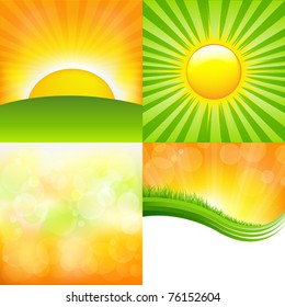 4 Sunburst And Abstract Backgrounds, Vector Illustration