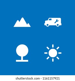 4 sunshine icons in vector set. mountain summit, truck, forest and sun illustration for web and graphic design