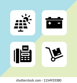 4 supply icons in vector set. distribution, solar panel, fax and battery illustration for web and graphic design