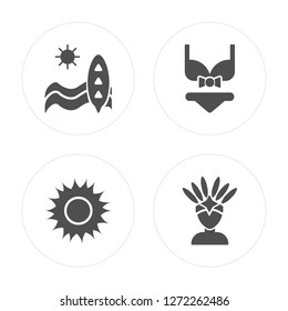 4 Surf, Sun, Bikini, Dancer modern icons on round shapes, vector illustration, eps10, trendy icon set.