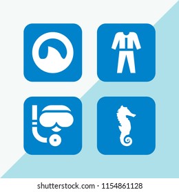 4 swim icons in vector set. scuba diving, seahorse, shark fin and diving suit illustration for web and graphic design