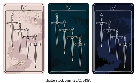 4 of Swords. A card of Minor arcana one line drawing tarot cards. Tarot deck. Vector linear hand drawn illustration with occult, mystical and esoteric symbols. 3 colors. Proposional to 2,75x4,75 in.