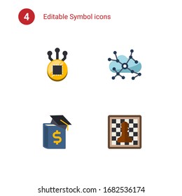 4 símbolos de iconos planos establecidos aislados en . Iconos con Fork, Aprendizaje Asincrónico, Educación Empresarial, Iconos de Ajedrez.