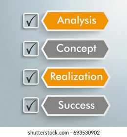 4 tabs with checklist and text  Analysis, Concept, Realization, Success. Eps 10 vector file.