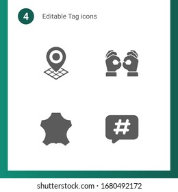 4 iconos llenos de etiquetas aislados en . Iconos con Geo Targeting, Handmade, cuero, iconos de etiquetas.