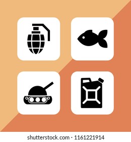 4 tank icons in vector set. grenade, aquarium, war tank and jerrycan illustration for web and graphic design