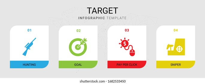 4 target filled icons set isolated on infographic template. Icons set with Hunting, goal, Pay per click, sniper icons.
