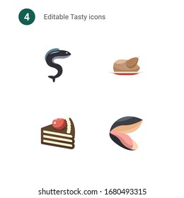 4 sabrosos iconos planos establecidos en aislado en . Iconos con anguila, pollo, postre, íconos de mejillón.