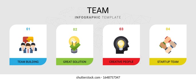 4 team flat icons set isolated on infographic template. Icons set with Team building, great solution, Creative people, start-up team icons.