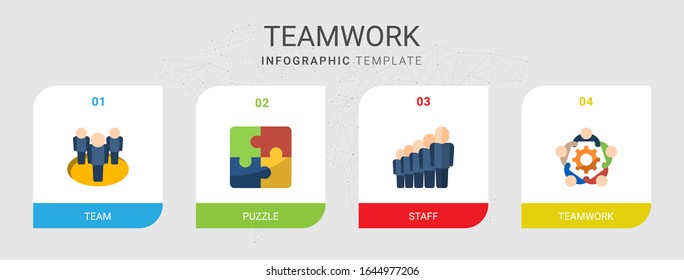 4 teamwork flat icons set isolated on infographic template. Icons set with team, Puzzle, staff icons.