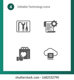 4 iconos rellenos de tecnología establecidos aislados en . Conjuntos de iconos con kit de reparación, Autoaprendizaje, contratación de marcas, iconos de Email Marketing.