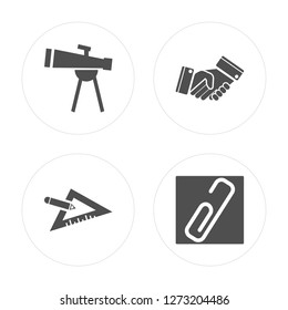 4 Telescope, Set square, Shake hands, Paperclip modern icons on round shapes, vector illustration, eps10, trendy icon set.