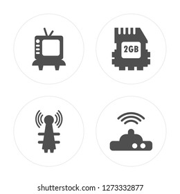 4 Television, Antenna, Memory Card, Wifi Modem modern icons on round shapes, vector illustration, eps10, trendy icon set.